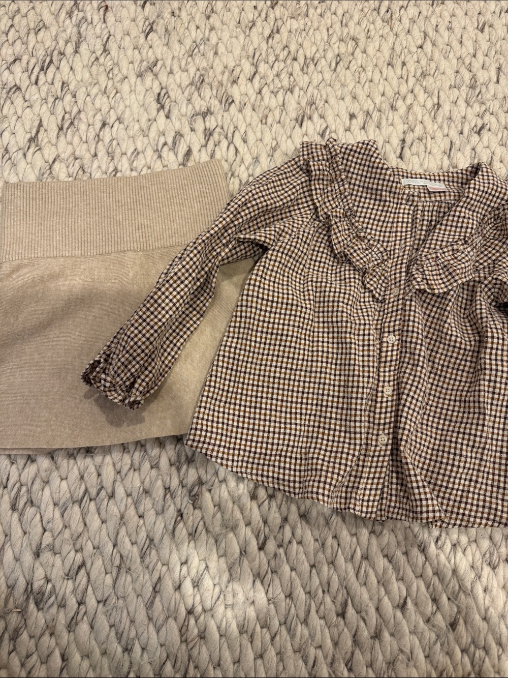 Zara Brown and Cream Gingham Ruffle Button-Front Blouse